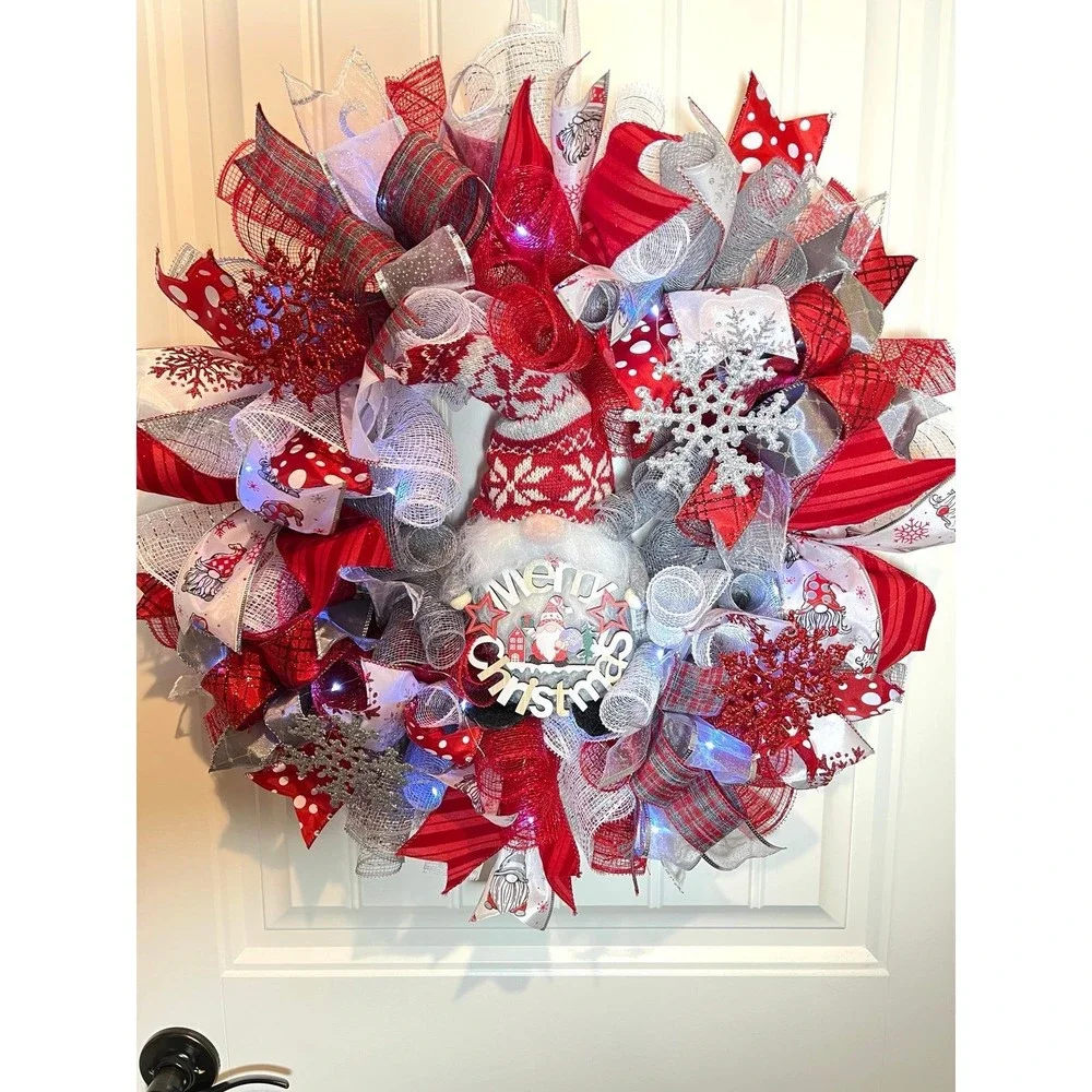 Handmade Christmas Gnome Holiday Ribbon Door Wreath 22 ins LED W39